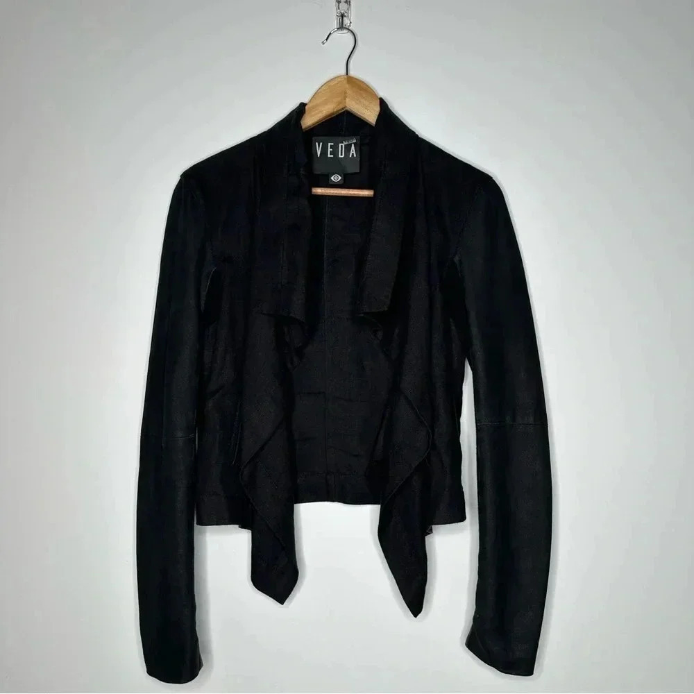 VEDA Black Linen and Goat Leather Open Drape Front Jacket Size Small